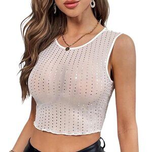 Women's Sequin Mesh Sheer Crew Neck Tank Top White
